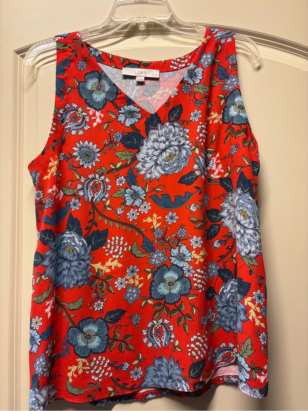 LOFT Red Floral V-Neck Tank Top with Blue Flowers LP